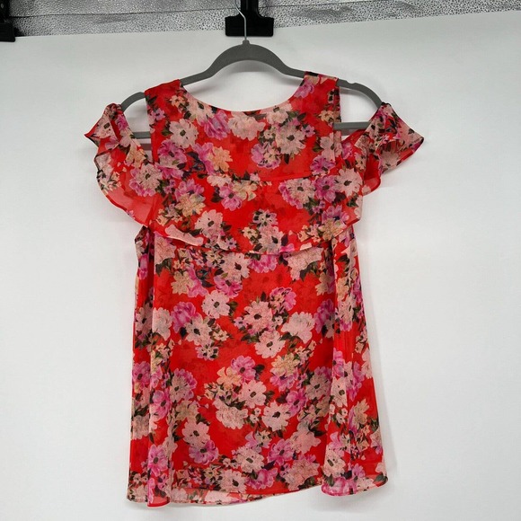 CAbi #5352 Top Blouse Sz Small Orange Floral Lush Cold Shoulder Ruffle V-Neck - Picture 3 of 8